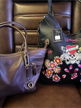 Ed Hardy Black Floral Skull Shoulder bag and Brown unbranded leather tote.